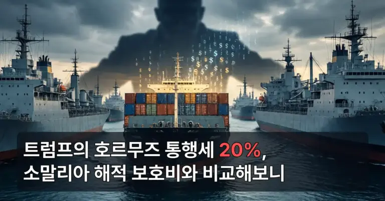 대형 화물선이 좁은 해협을 지나가고 있고, 위에서 내려오는 거대한 그림자가 보호와 통제를 암시하며, 배에서 떠오르는 금전 기호와 숫자들이 수수료 징수를 나타낸다