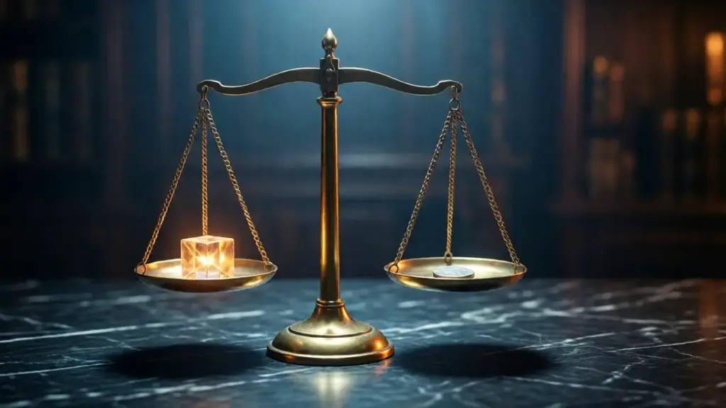 어두운 대리석 탁자 위에 놓인 놋쇠 저울. 한쪽 접시에는 빛나는 작은 정육면체가, 다른 쪽에는 은빛 동전 하나가 놓여 있다.