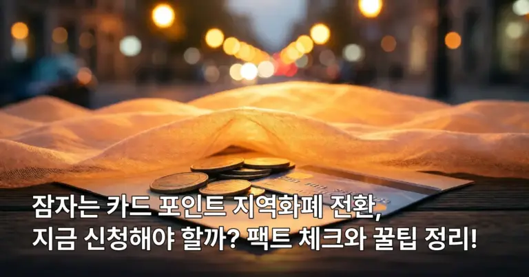 어둠 속에서 빛나는 도시 지도가 카드와 동전 위에 떠 있는 모습. 잠자는 포인트가 지역 경제로 깨어나는 이미지.
