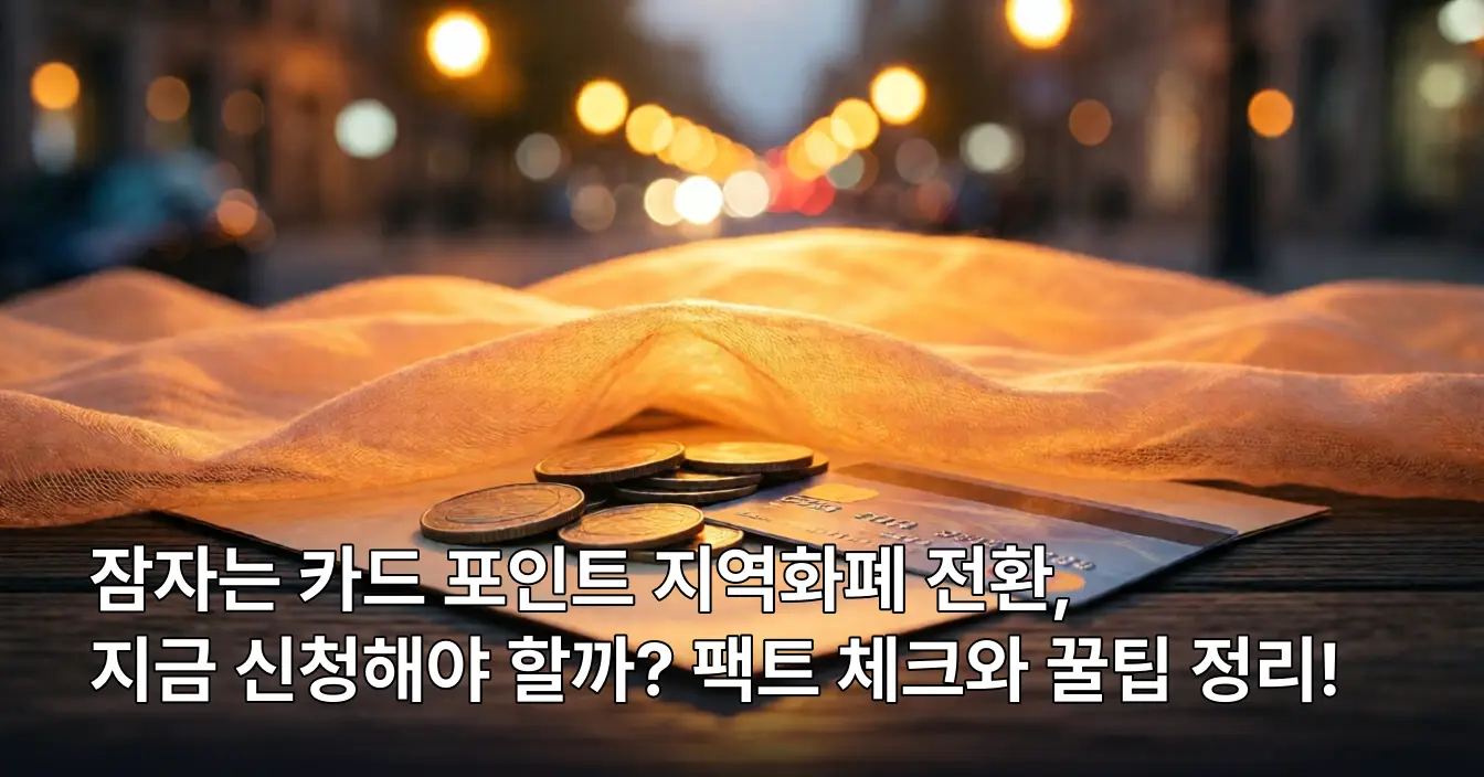 어둠 속에서 빛나는 도시 지도가 카드와 동전 위에 떠 있는 모습. 잠자는 포인트가 지역 경제로 깨어나는 이미지.