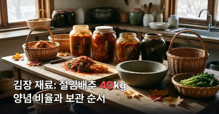 겨울빛이 드는 소박한 주방 작업대에 항아리와 바구니가 놓여 있다.