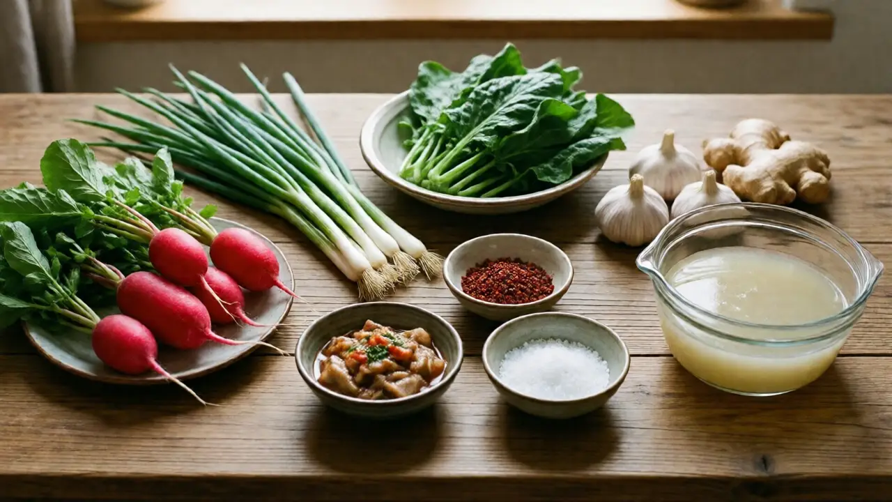 나무 조리대 위에 배추, 무, 파와 잎채소, 마늘과 생강, 고춧가루와 젓갈이 종류별로 나뉘어 놓여 있다.
