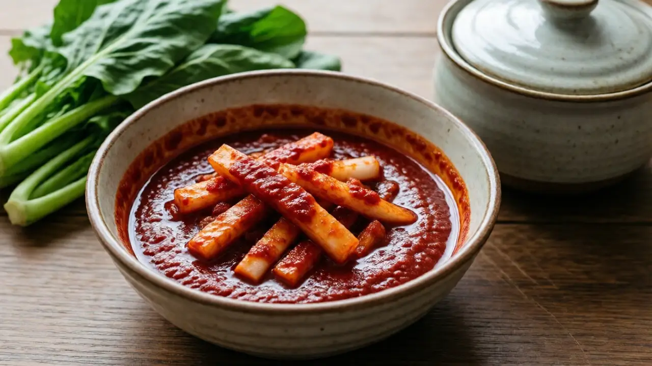 채반의 물기 뺀 배추와 붉은 양념, 양념에 버무린 무채, 기다리는 잎채소와 뚜껑 있는 저장 용기가 순서대로 놓여 있다.