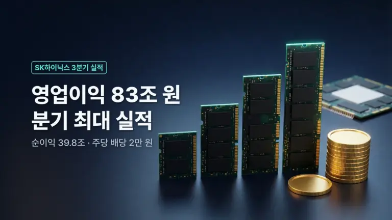 메모리 모듈과 금화 옆에 SK하이닉스 3분기 영업이익 83조 원 문구가 있는 대표 이미지